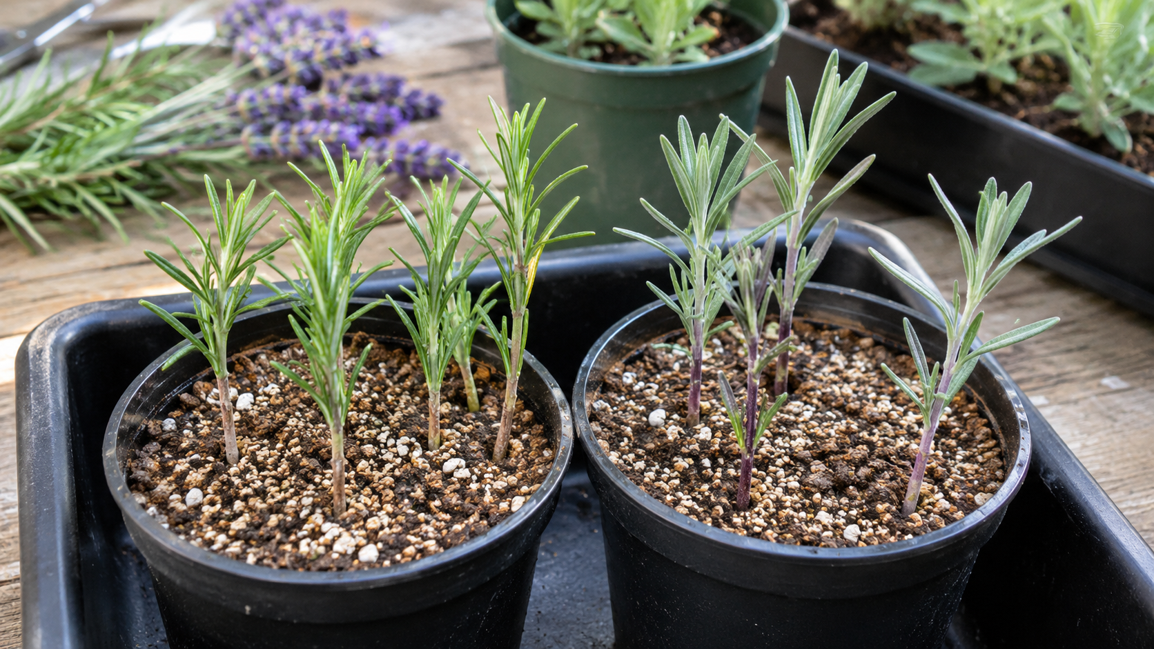 Romero y lavanda creciendo como plantas aromáticas