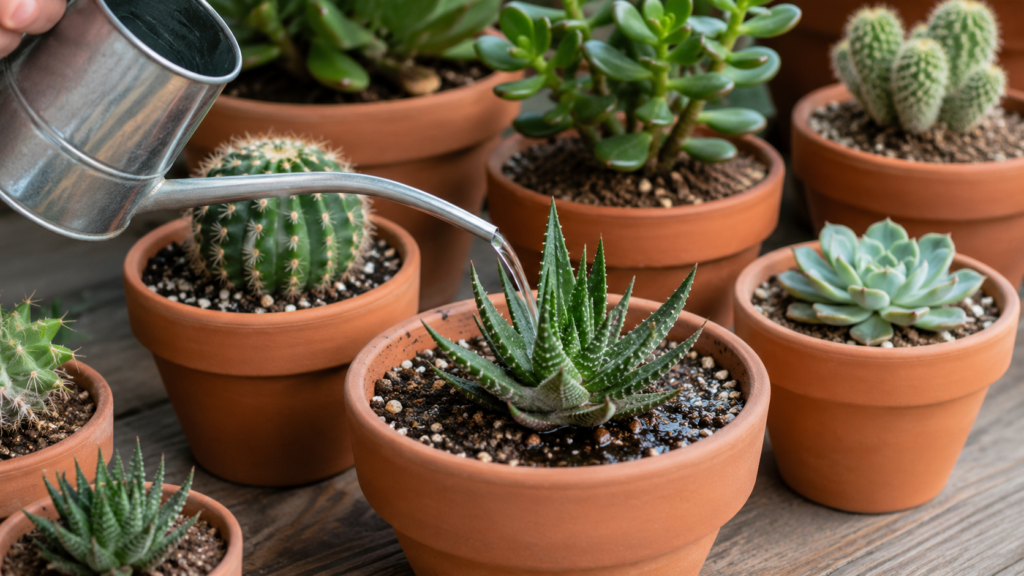 Riego moderado de cactus y suculentas cultivados en macetas de terracota