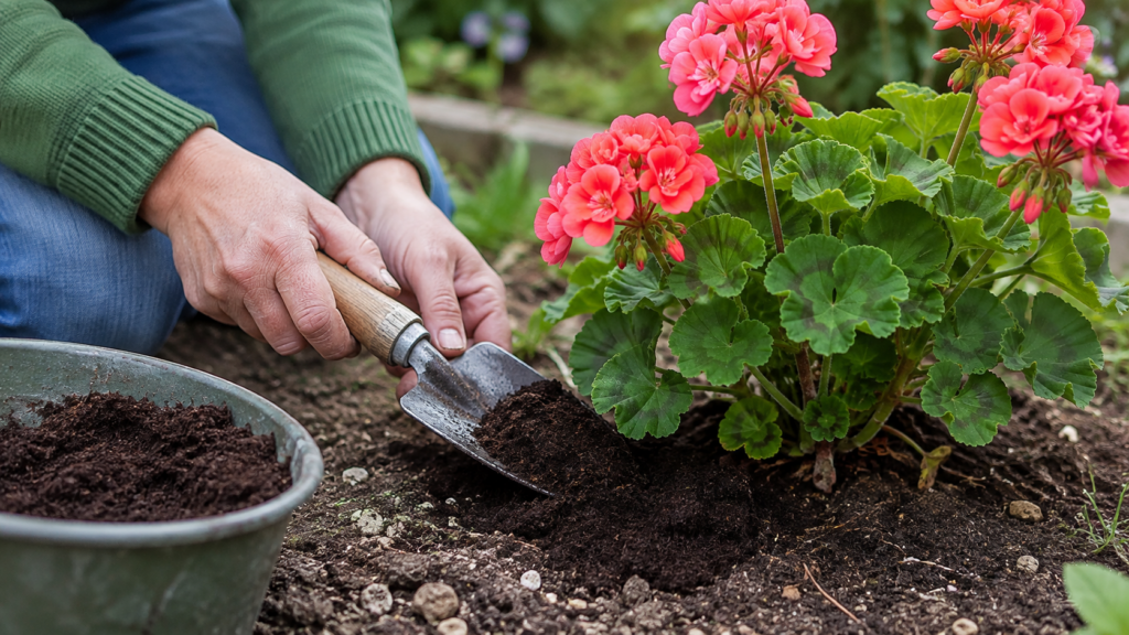 Aplicación de compost alrededor de una planta de geranio
