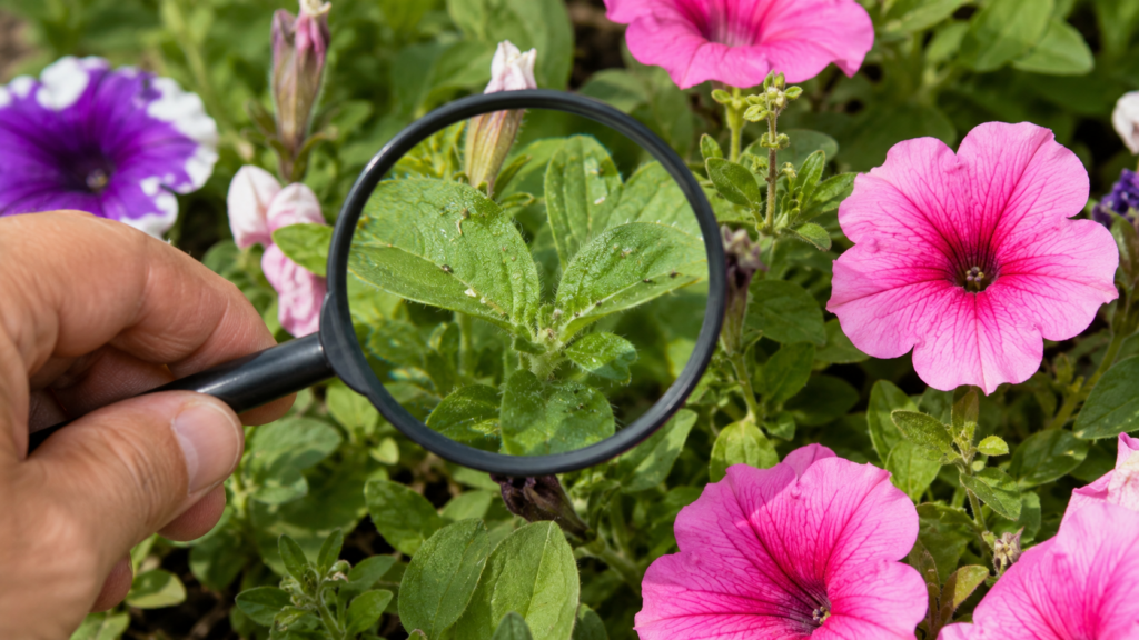Inspección de hojas de petunia para detectar plagas
