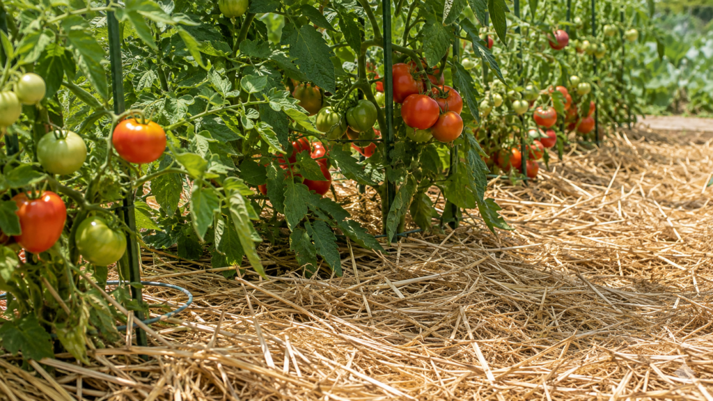 Plantas de tomate cultivadas sobre una capa de paja en el huerto