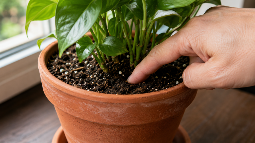 Persona comprobando con el dedo la humedad del sustrato de una planta en maceta