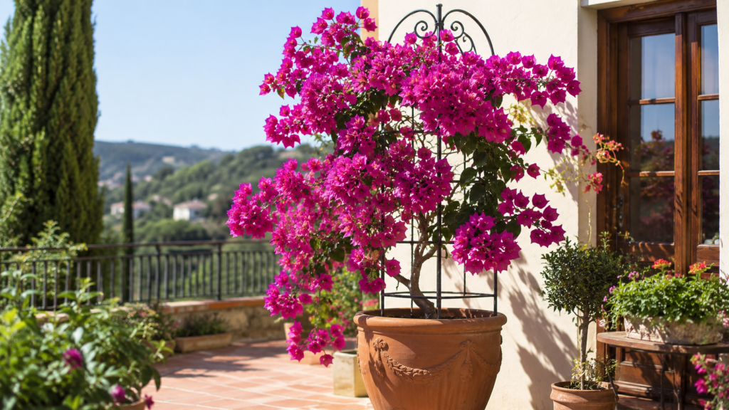 Buganvilla fucsia cultivada en una maceta grande con soporte