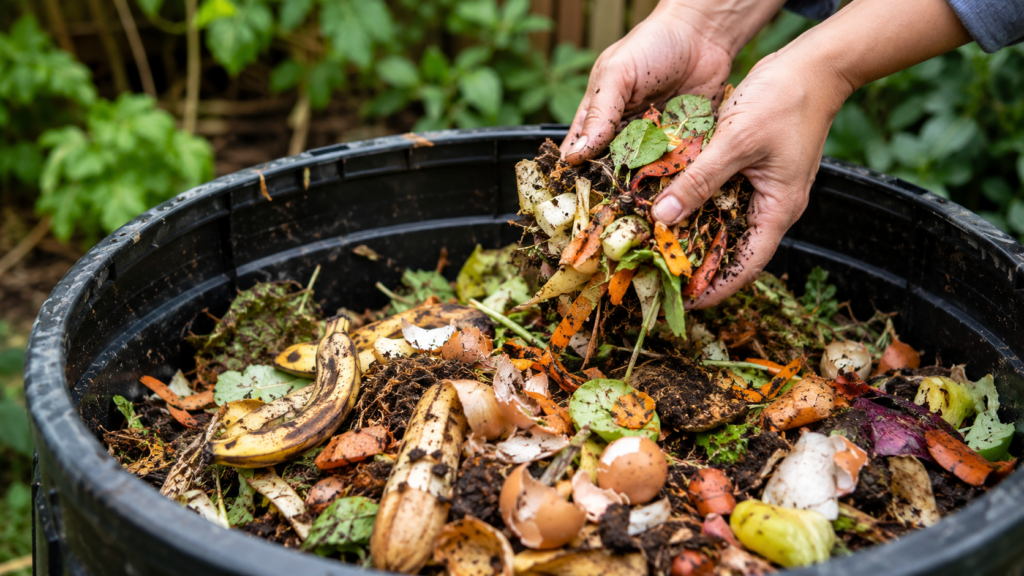 Restos de cocina y materiales orgánicos para hacer compost casero