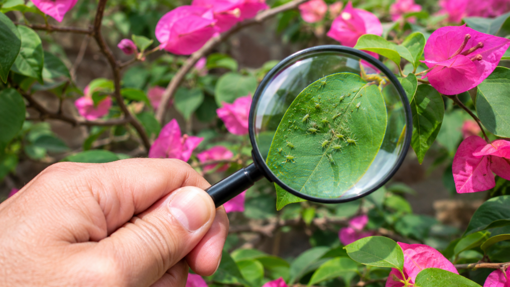Inspección de pulgones y otras plagas en hojas de buganvilla