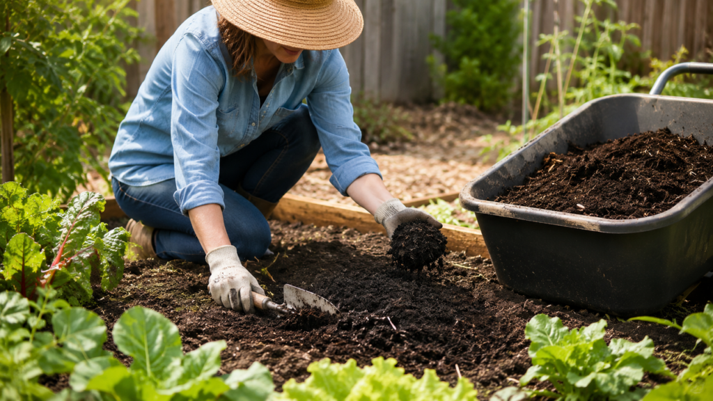 Compost maduro añadido a la tierra del jardín