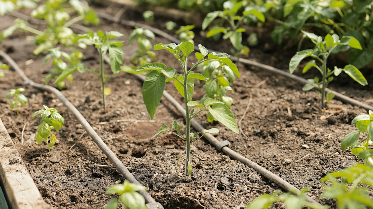 Planta joven en cultivo protegido con riego controlado