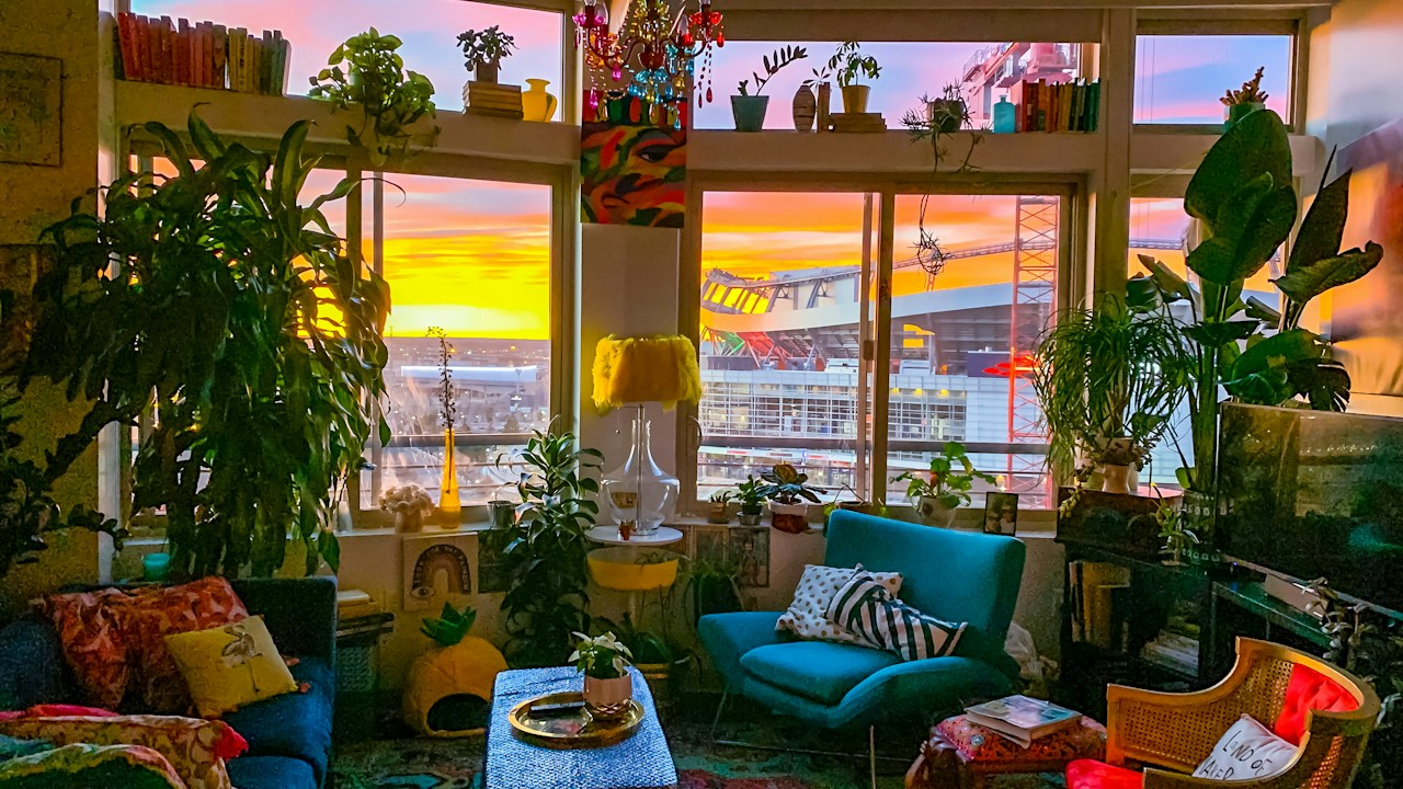 Vapor de un humidificador dispersándose cerca de plantas de interior