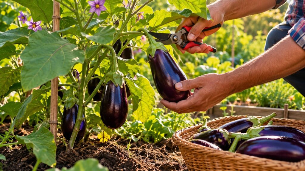 Cosecha de berenjenas moradas en un huerto doméstico