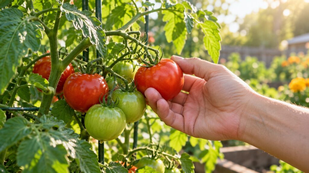 Cosecha de un tomate rojo maduro directamente de la planta