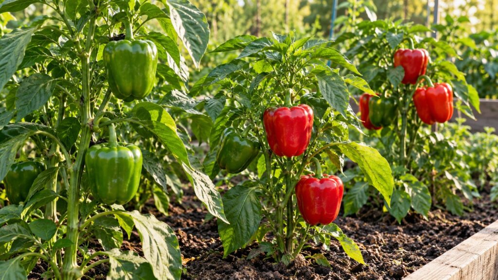 Plantas de pimiento con frutos verdes y rojos en el huerto