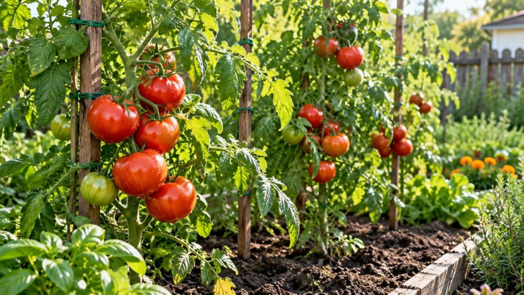 Tomateras entutoradas con frutos maduros en un huerto doméstico