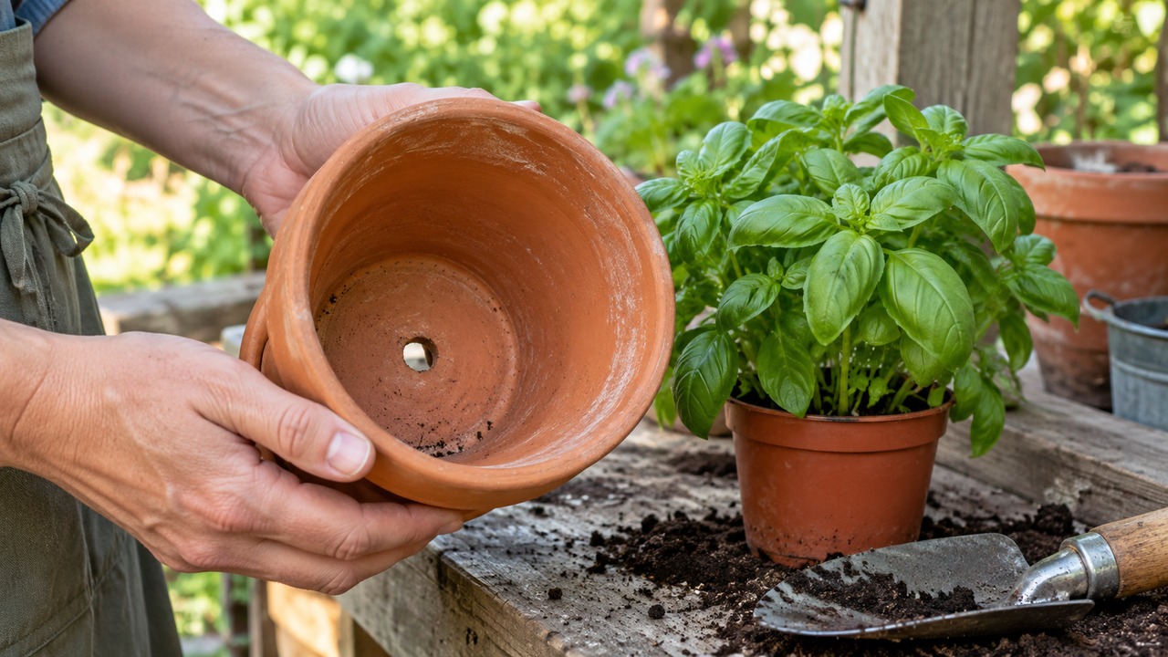 Agujero de drenaje en una maceta para plantas aromáticas