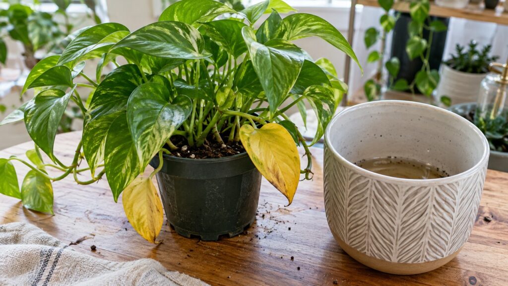 Revisión de una planta de interior con hojas amarillas y agua acumulada en el cubremaceta