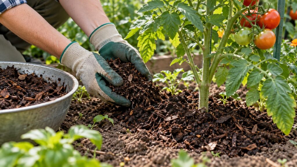 Aplicación de compost maduro alrededor de una tomatera