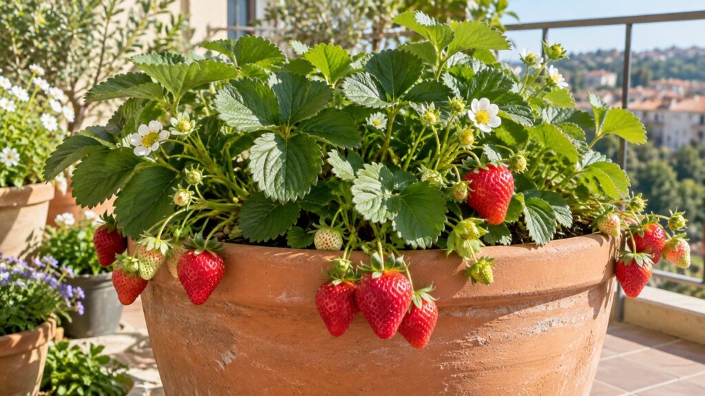 Fresas maduras creciendo en una maceta de terracota