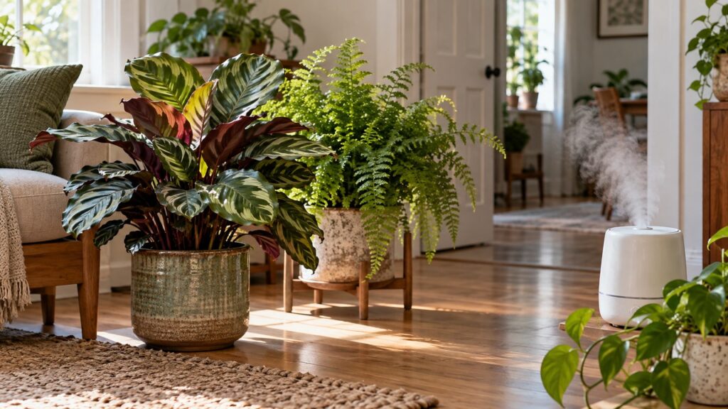 Plantas tropicales de interior junto a un humidificador en un espacio ventilado