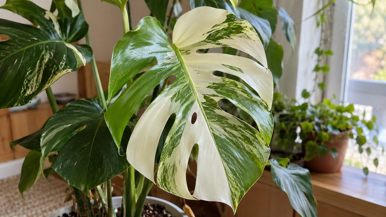 Hoja nueva de monstera variegada con zonas verdes y blancas