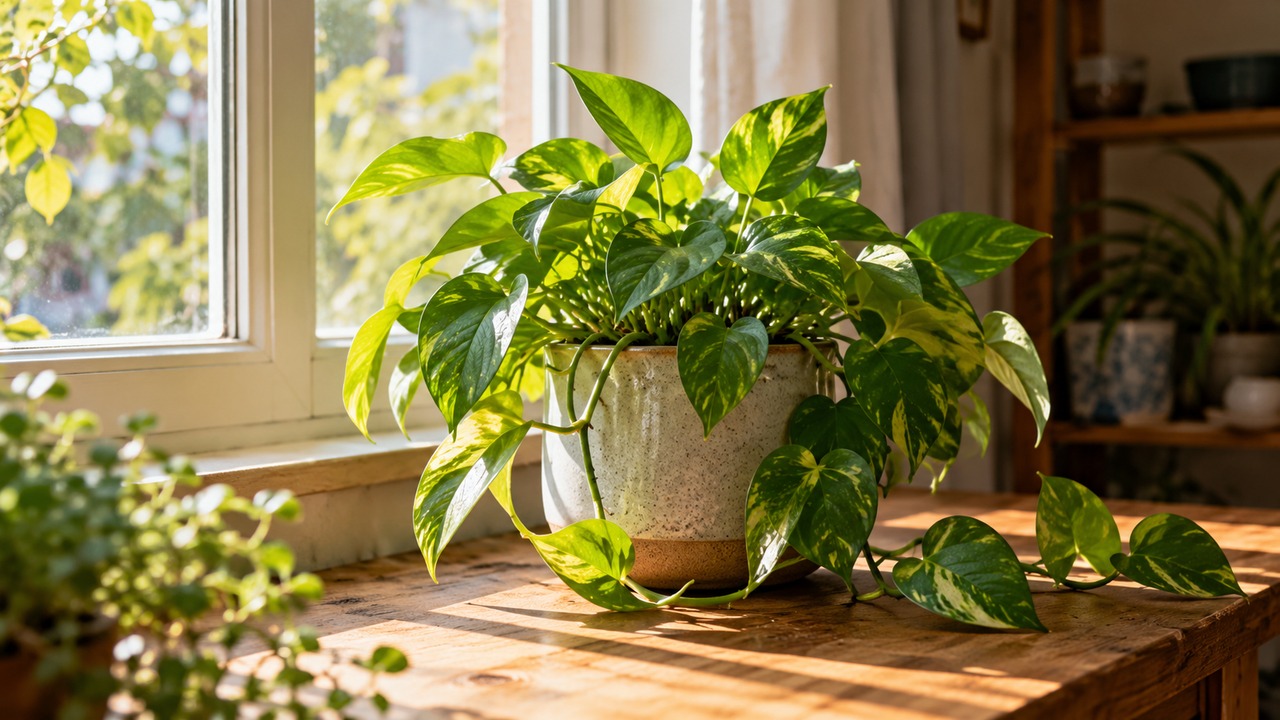 Planta en maceta iluminada por luz suave de la mañana