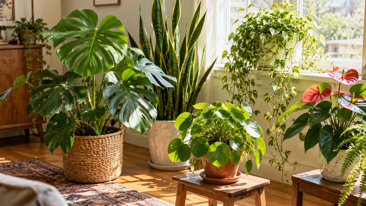 Grupo de plantas de interior en una habitación luminosa