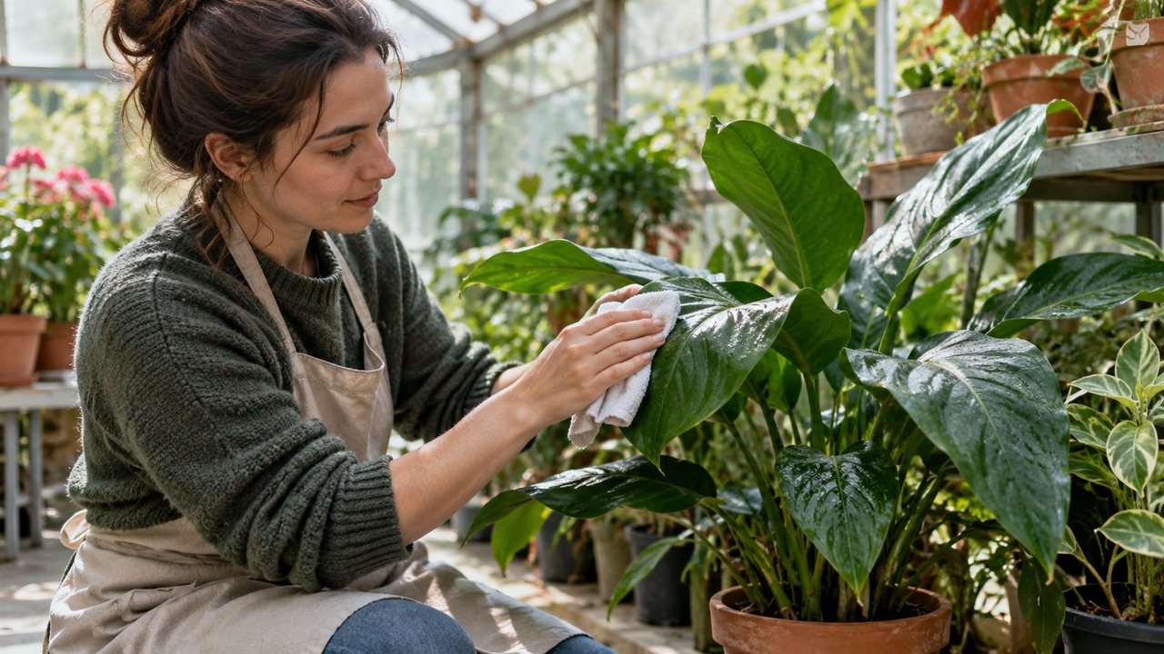 Persona cuidando y limpiando una planta en un invernadero