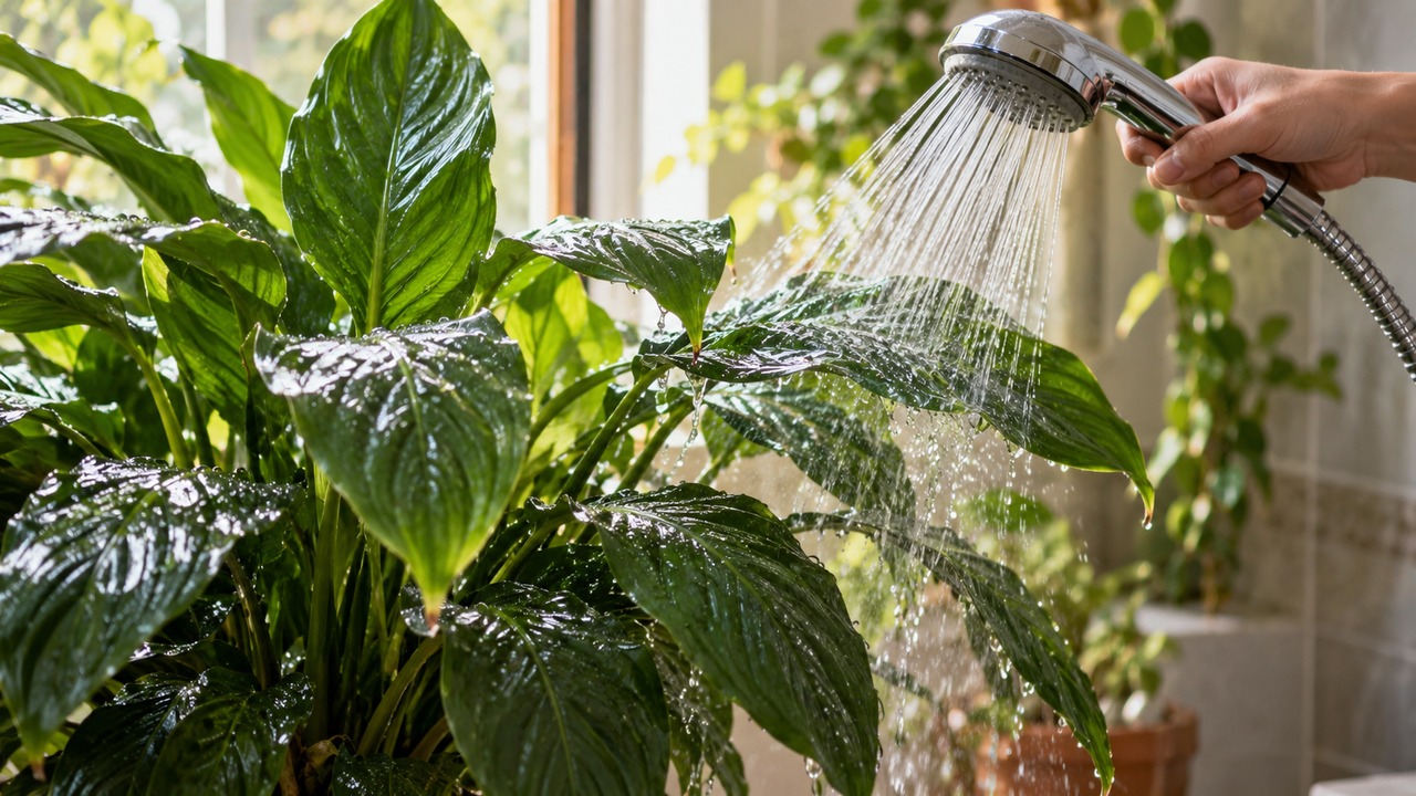 Riego suave utilizado para enjuagar hojas de una planta