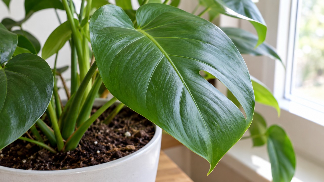 Hoja verde de planta de interior sin acumulación visible de polvo