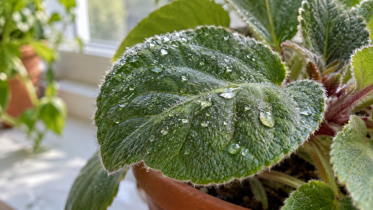 Hoja verde con gotas de agua después de un enjuague suave