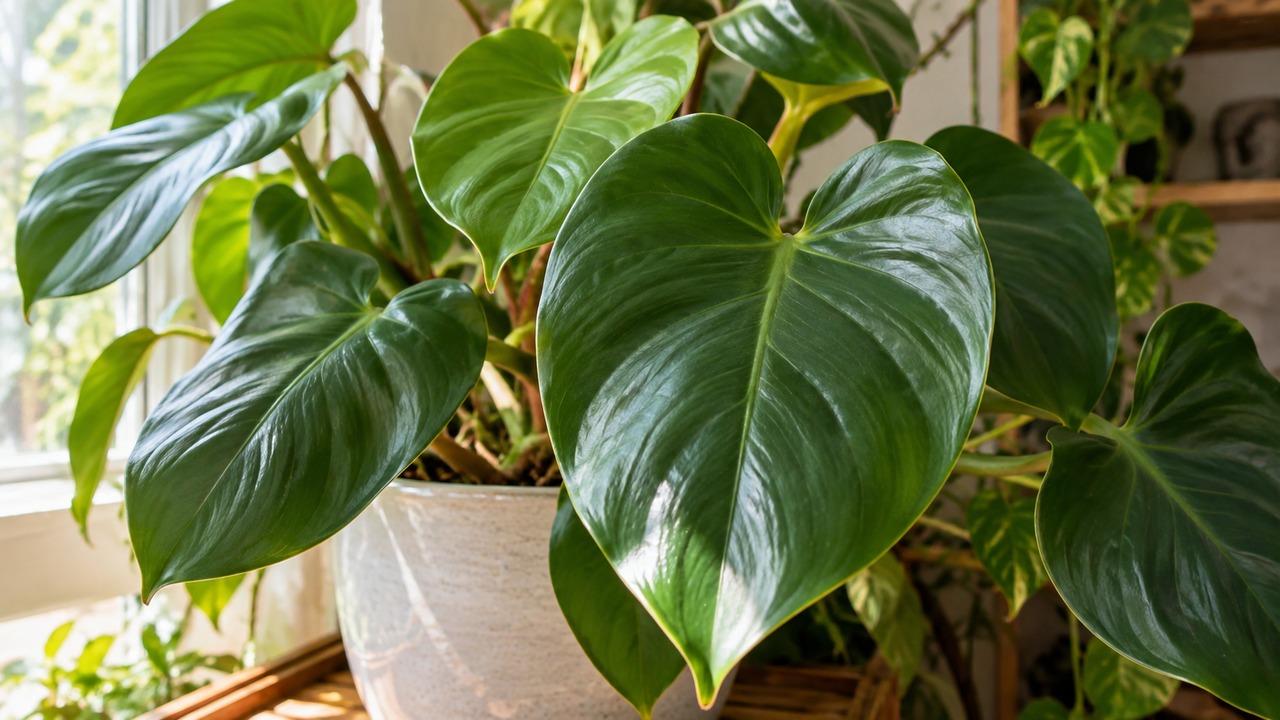 Hojas grandes de philodendron cultivado en interior