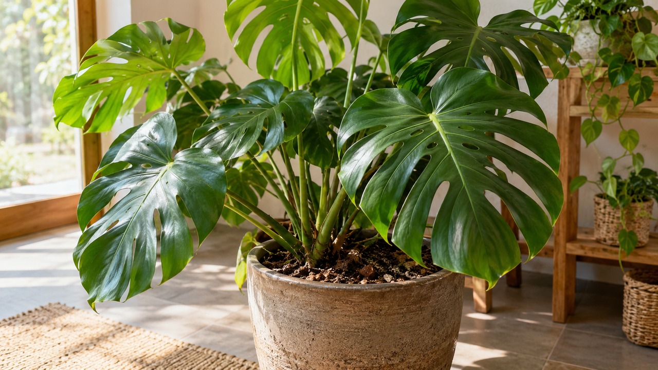 Planta de monstera con hojas grandes en un recipiente