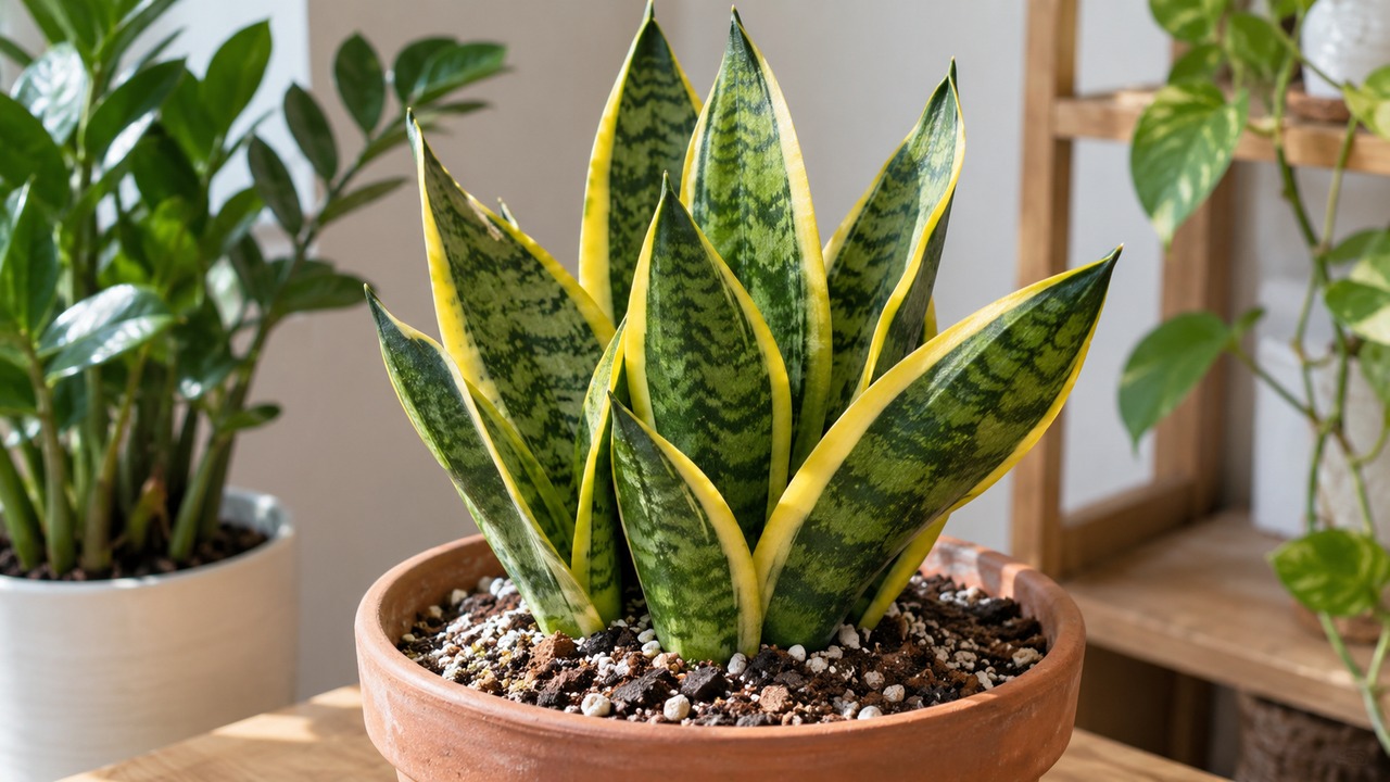 Sansevieria compacta con hojas verdes de bordes amarillos