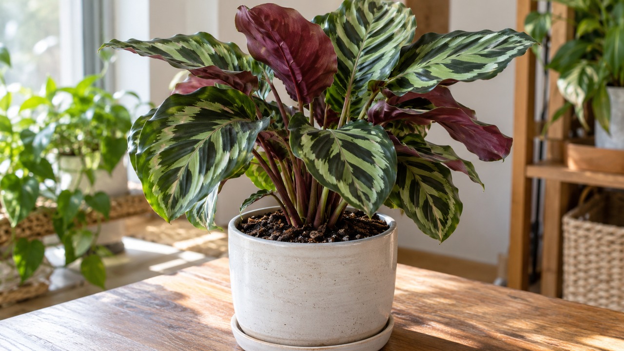 Planta de calathea con hojas ornamentales cultivada en maceta