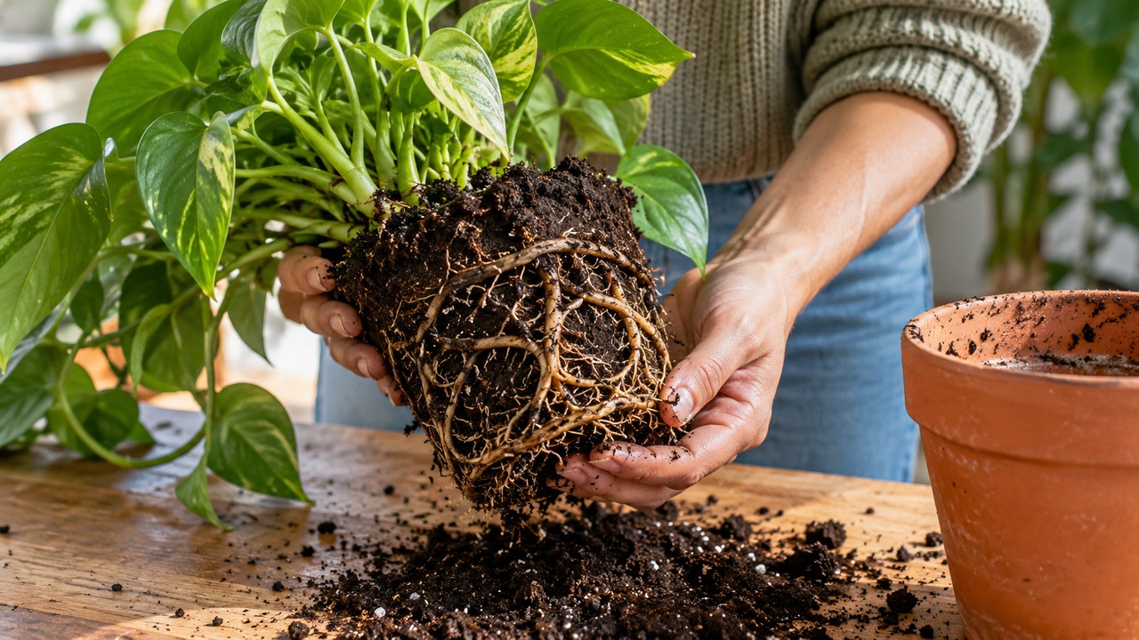 Planta fuera de la maceta para revisar raíces y favorecer su recuperación
