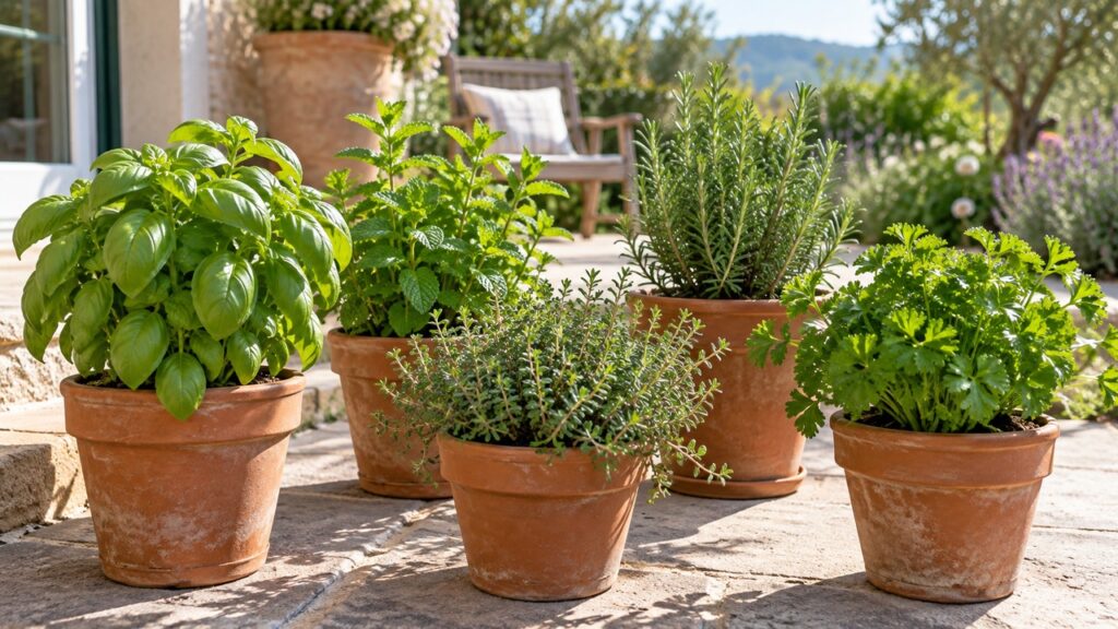 Jardín doméstico con aromáticas cultivadas en macetas separadas