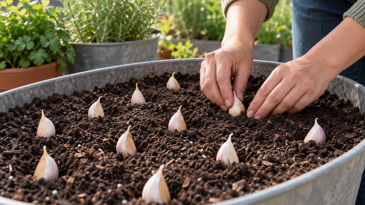 Plantación de dientes de ajo con la punta hacia arriba