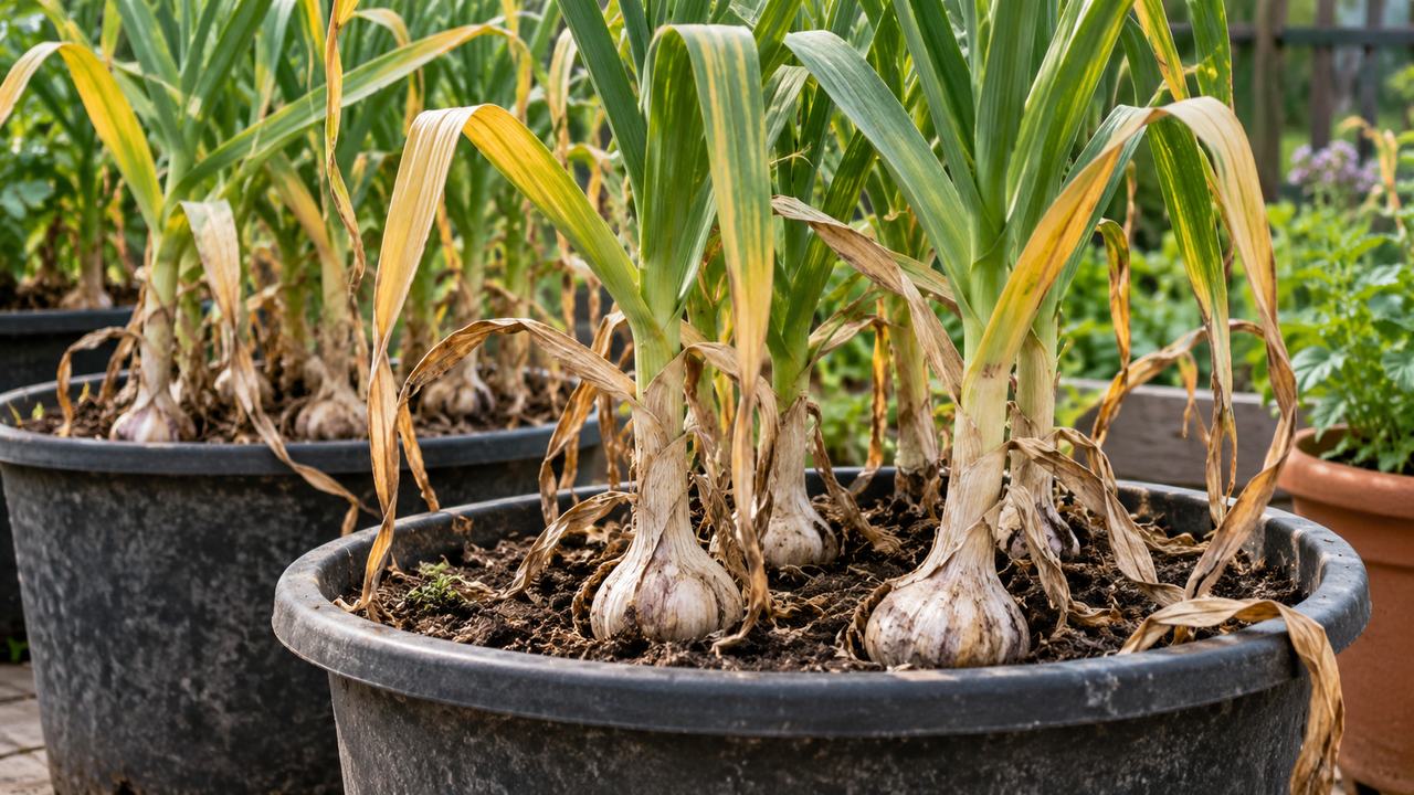 Hojas de ajo amarilleando de forma natural antes de la cosecha