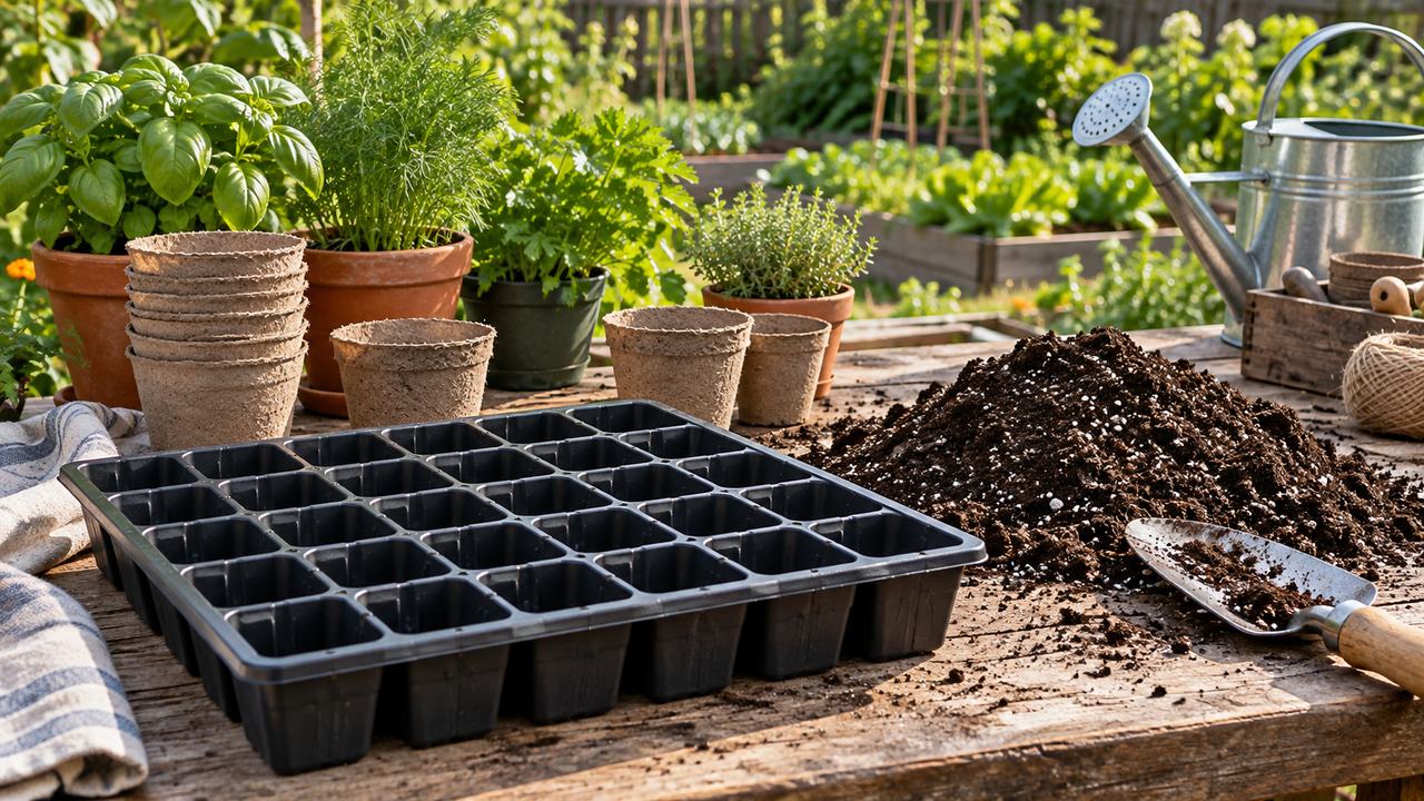 Materiales limpios preparados para hacer un semillero casero