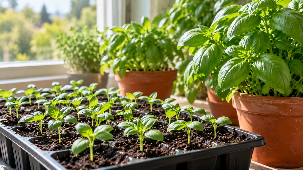 Plántulas de albahaca con sus primeras hojas verdaderas