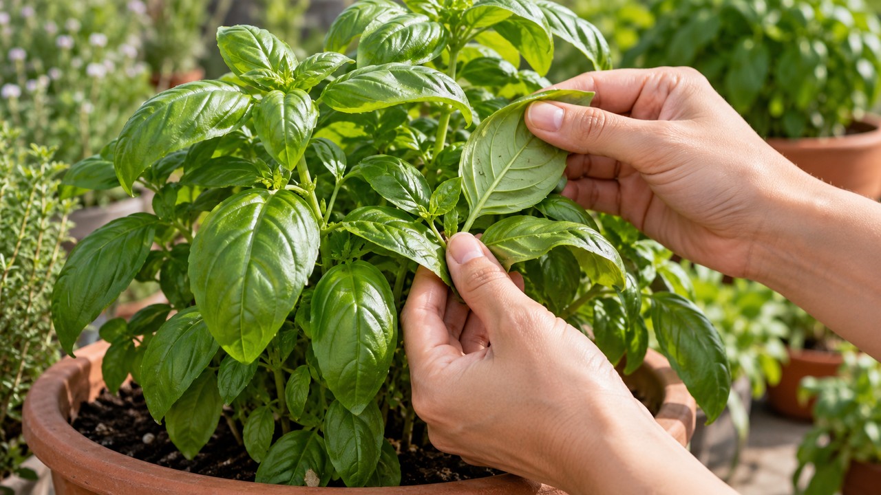 Revisión del envés de hojas de albahaca para detectar plagas