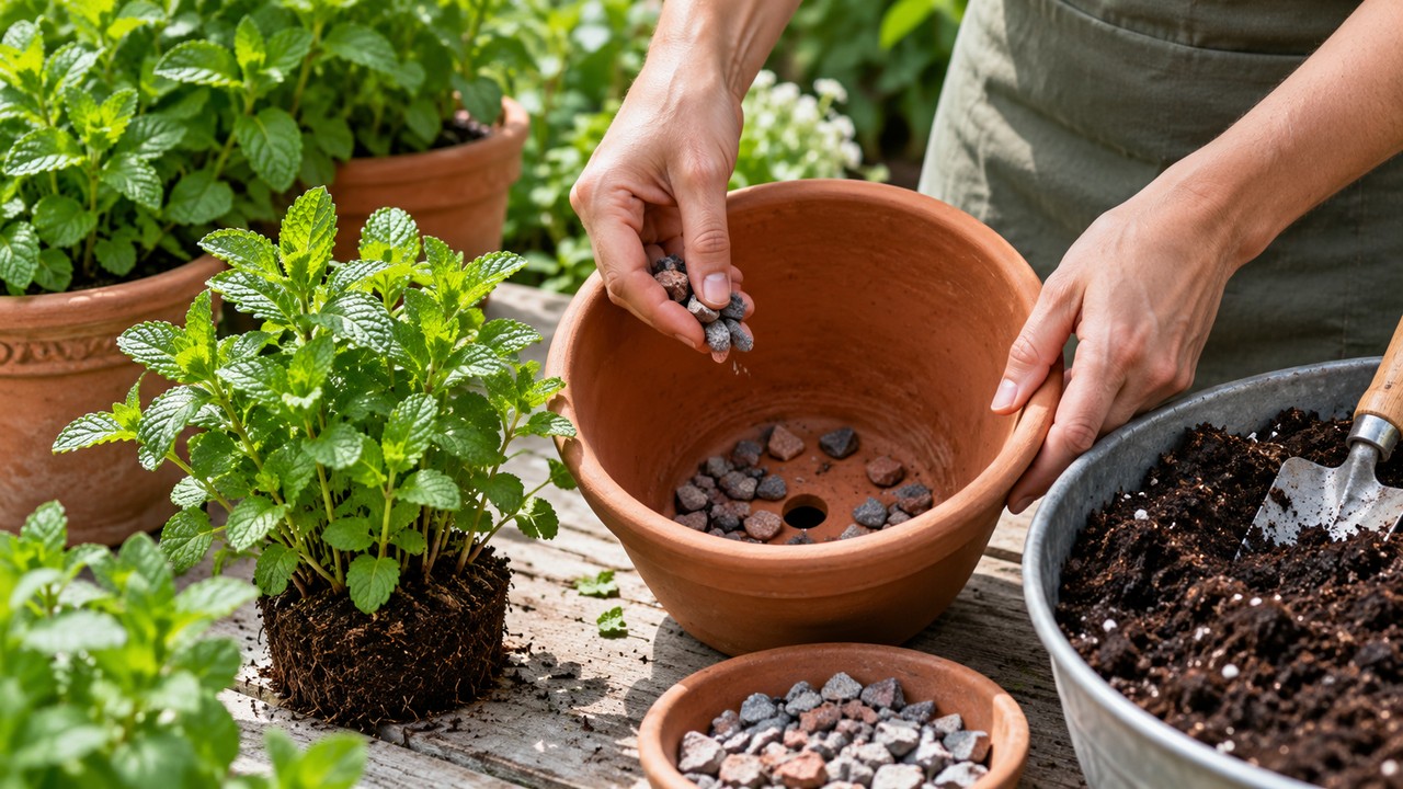 Preparación de una maceta con drenaje para plantar menta