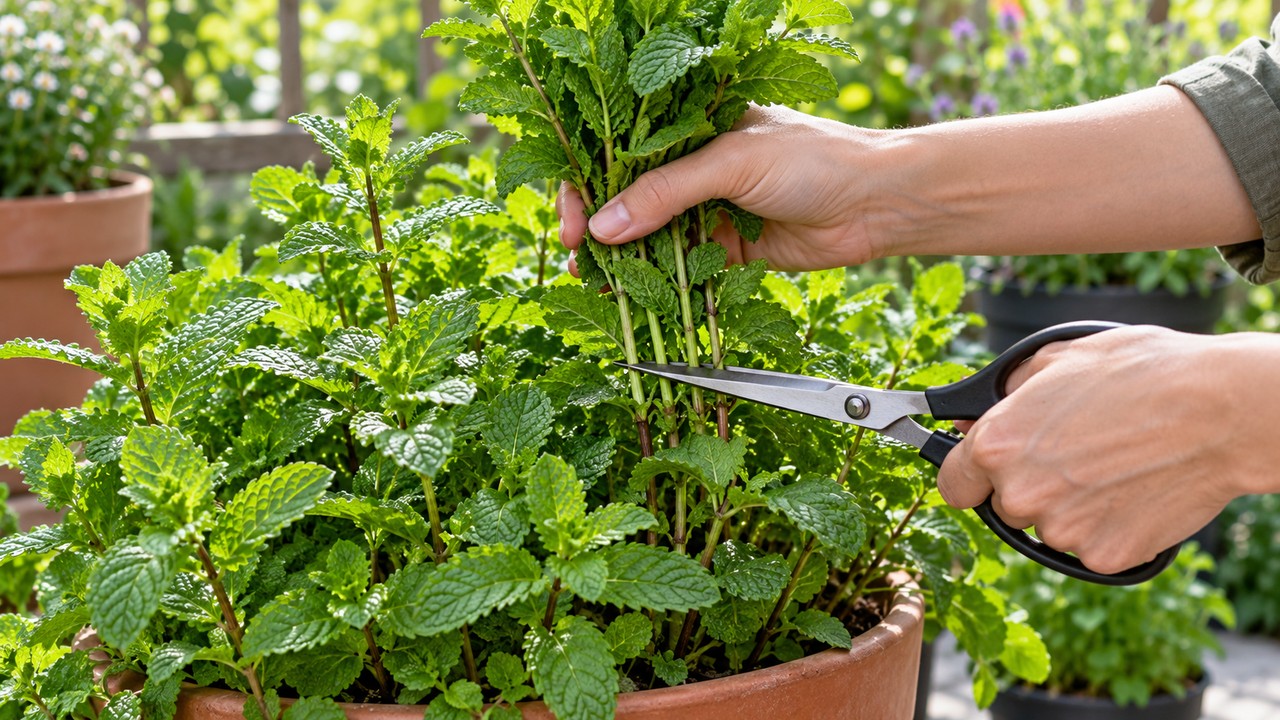 Cosecha de tallos de menta con tijeras limpias