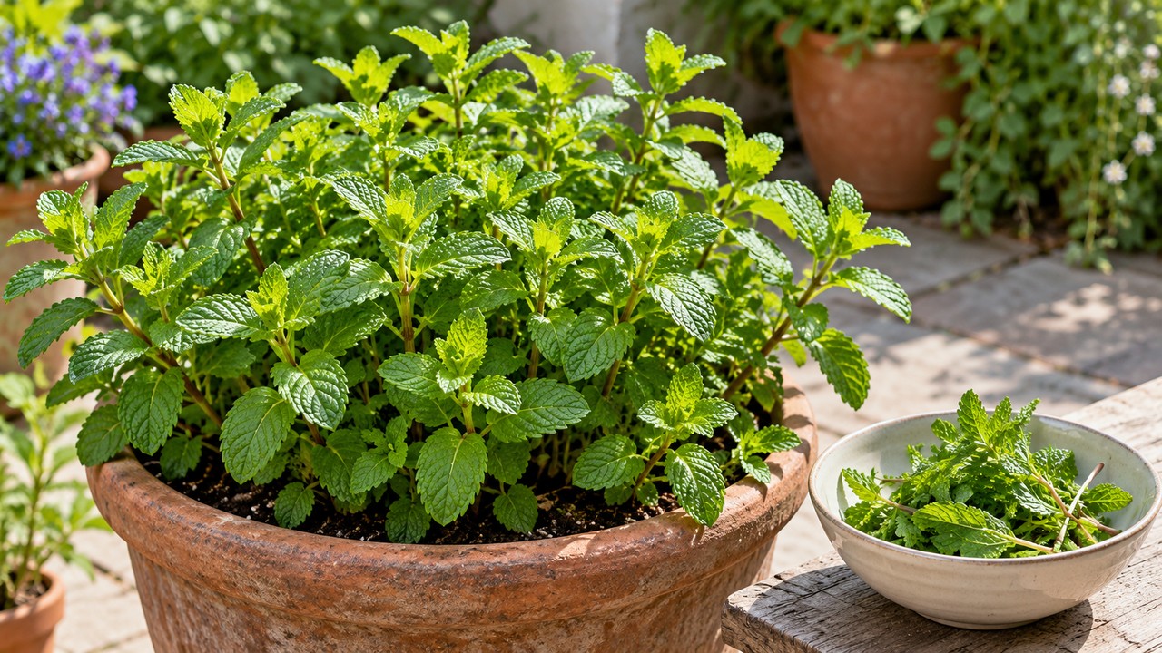 Rebrote vigoroso de menta después de la poda
