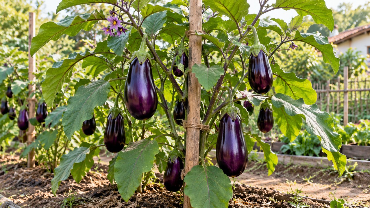 Planta de berenjena adulta entutorada con una estaca de madera