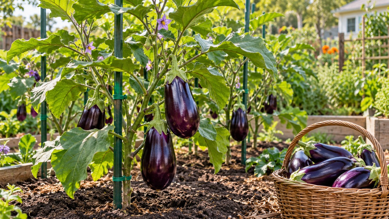 Planta de berenjena sana después de podar y entutorar