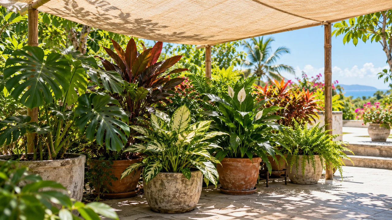 Plantas en maceta protegidas con una malla de sombra ligera y ventilada