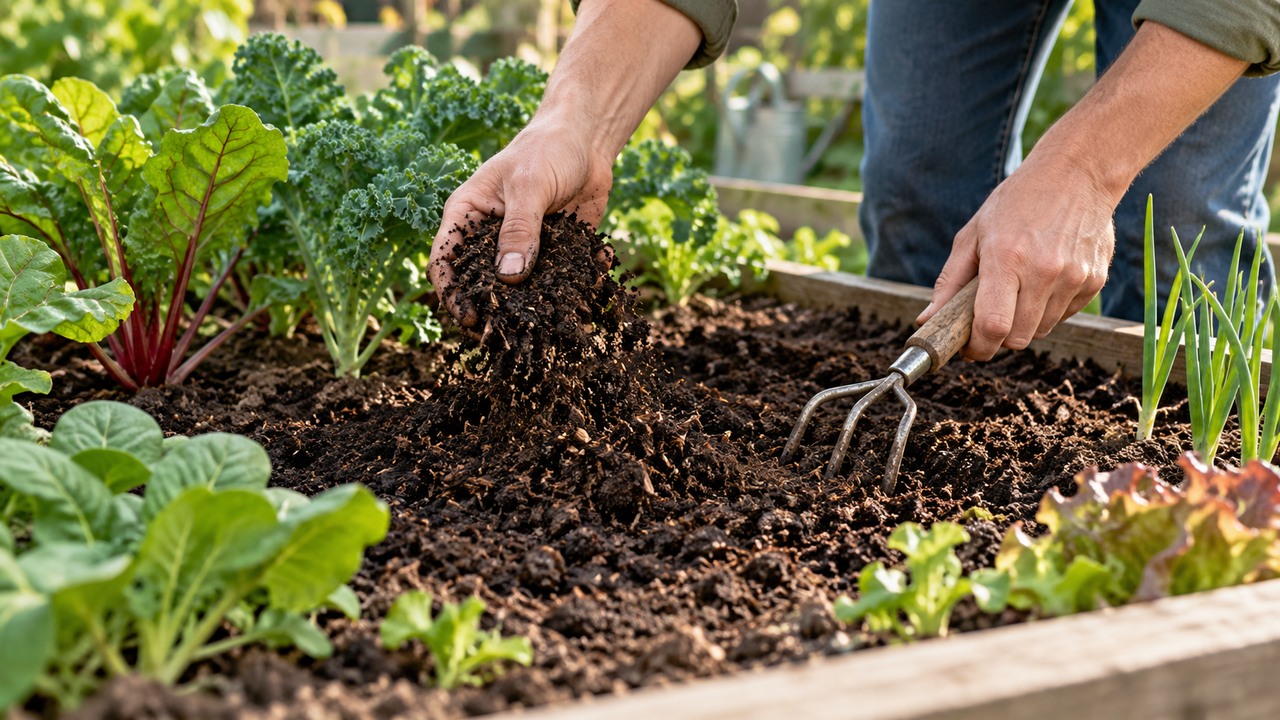 Incorporación superficial de compost maduro en un bancal de hortalizas