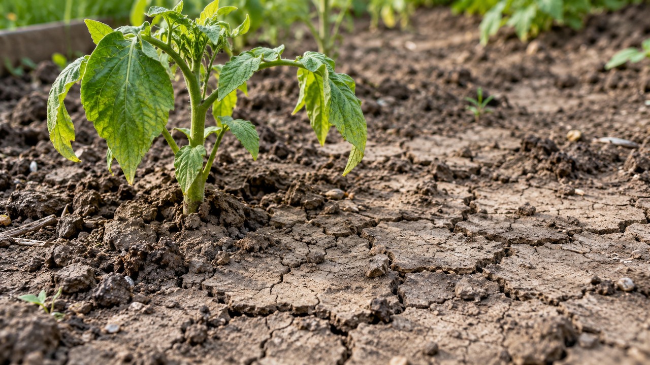 Suelo de huerto compactado y agrietado junto a una planta joven debilitada