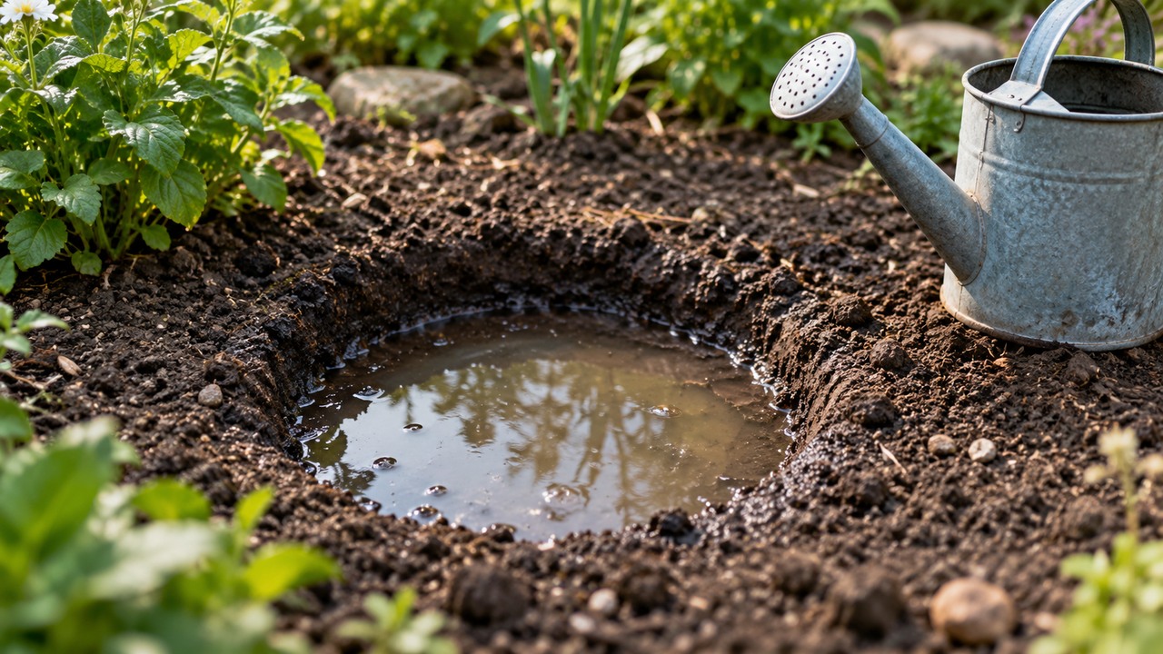Hoyo lleno de agua para comprobar la velocidad de drenaje del suelo
