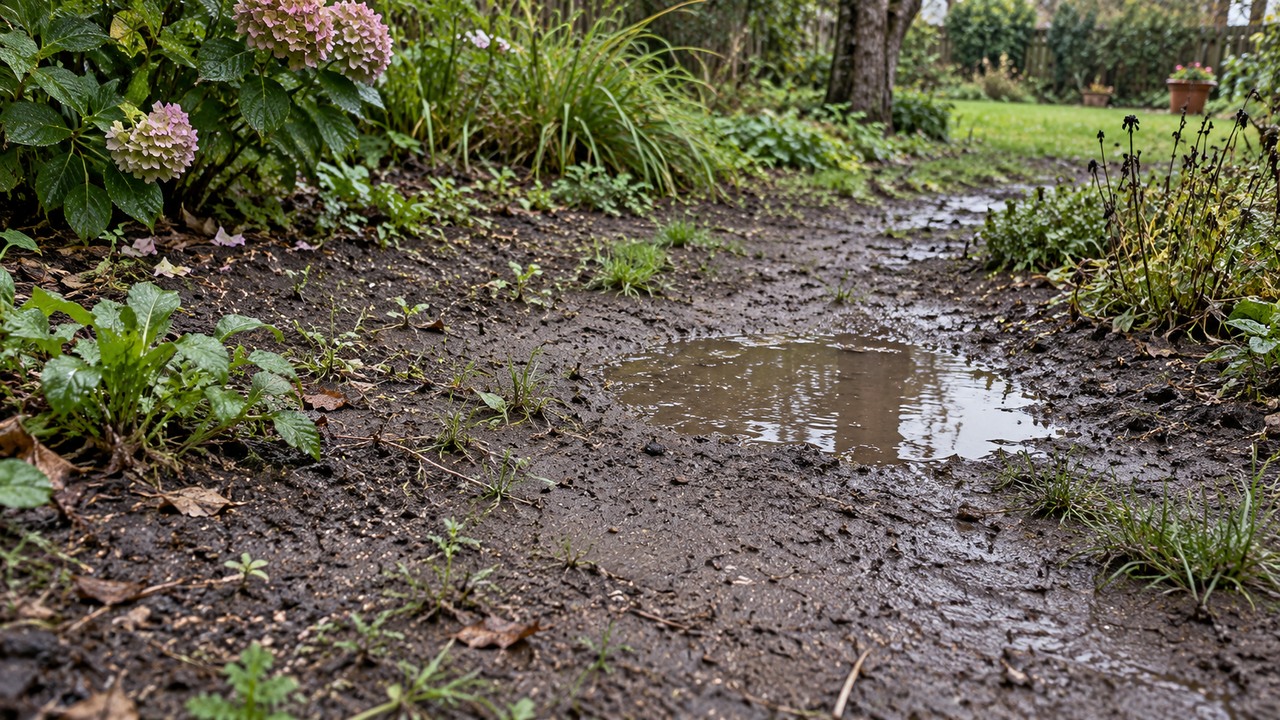 Suelo compactado con vegetación escasa y agua acumulada tras la lluvia