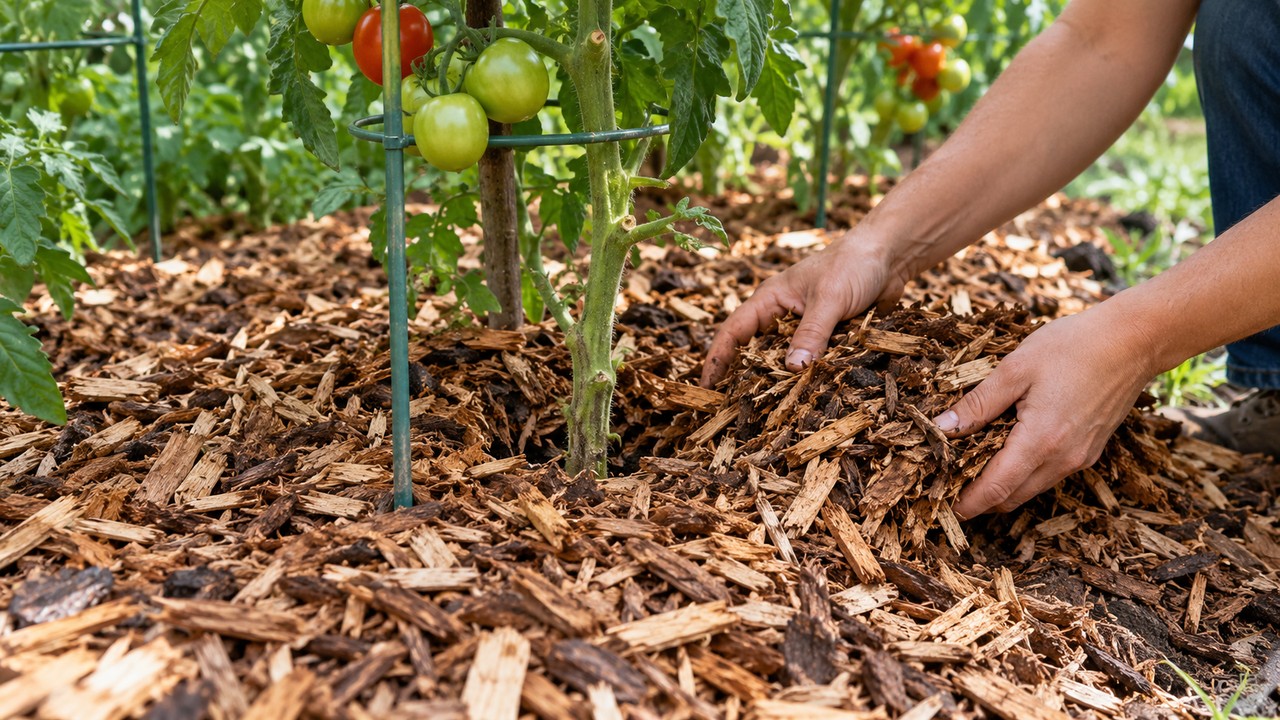 Aplicación de acolchado de madera alrededor de tomateras sin cubrir los tallos